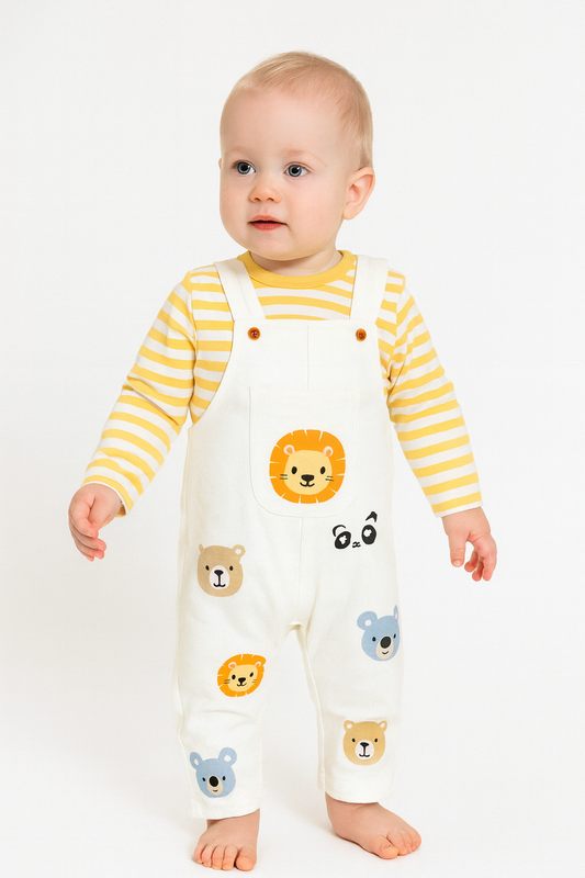 Baby 2-teiliges Set – Latzhose mit Tiermotiven & gestreiftes Langarmshirt | 100% Baumwolle