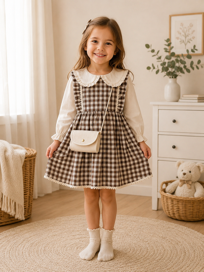 Mädchenkleid Karomuster Tasche
