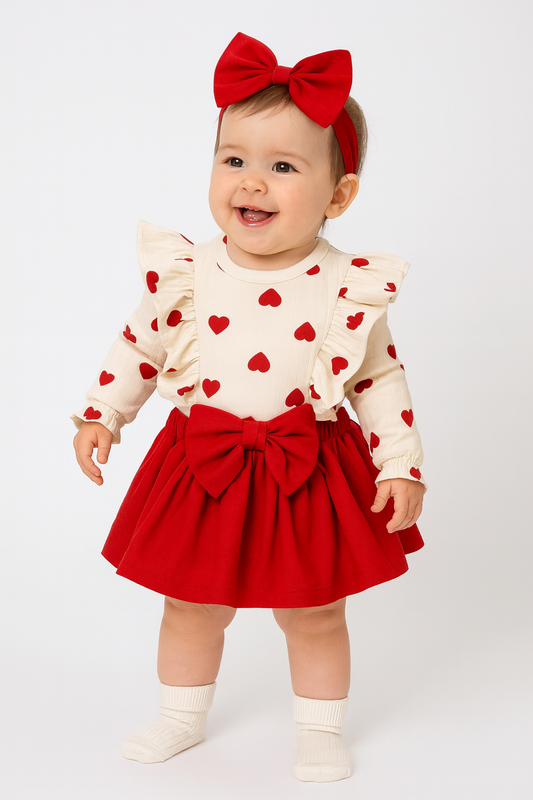 Baby Mädchen 3-teiliges Set – Body mit Herzchen, Rock mit Schleife & Haarband | 100% Baumwolle