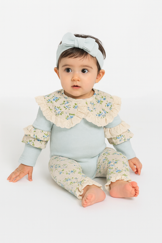 Baby Mädchen 3-teiliges Set – Body, Hose & Haarband mit Blumenmuster | 100% Baumwolle