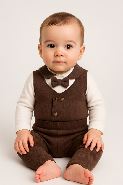 Baby 2-teiliges Outfit – Shirt mit angenähter Weste & Fliege + Hose