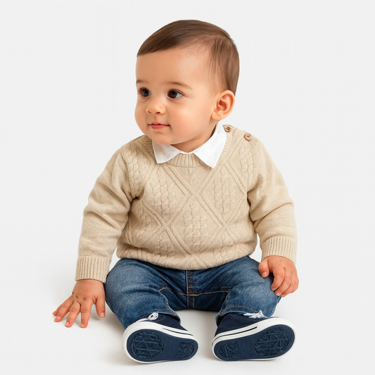 Baby & Kinder Outfit – 3-teiliges Set mit Hemd, Strickpullover & Jeans
