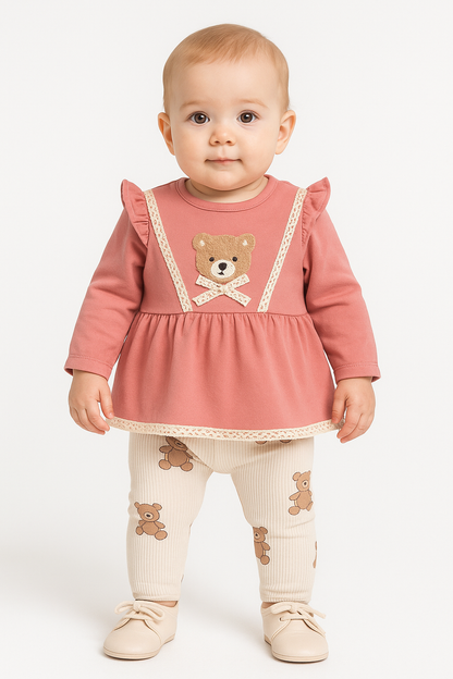 Baby & Mädchen 2-teiliges Set – Langarm Tunika mit Teddy-Motiv & Leggings