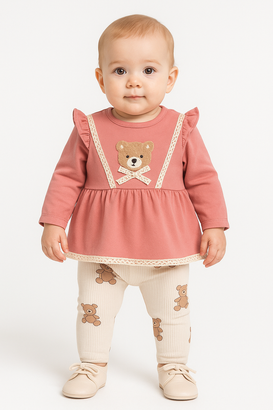 Baby & Mädchen 2-teiliges Set – Langarm Tunika mit Teddy-Motiv & Leggings