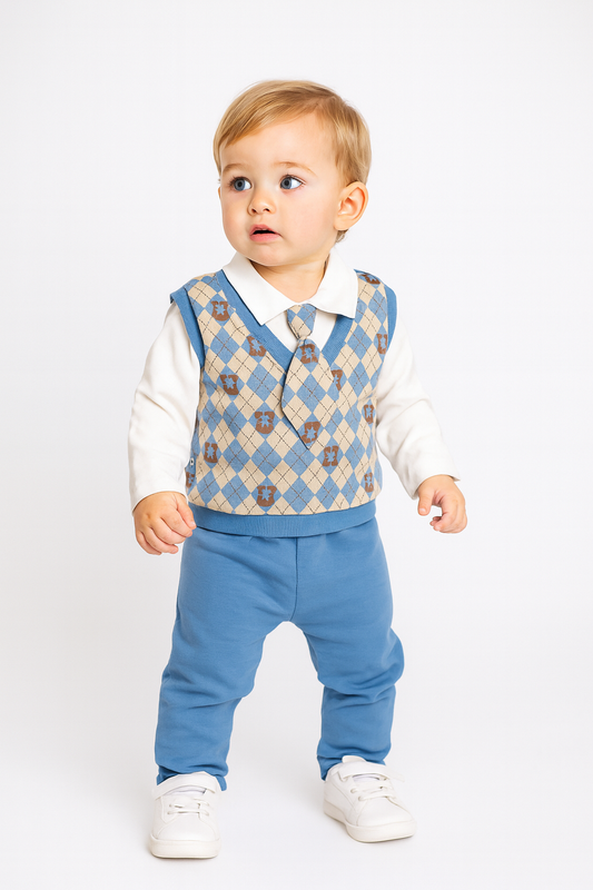 Baby Jungen 2-teiliges Set – Langarmshirt mit Pullunder-Optik & Hose