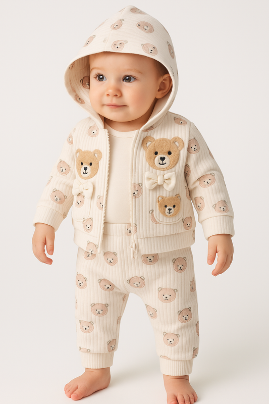 Baby 3-teiliges Set mit Kapuzenjacke, Body & Hose – Bärenmuster