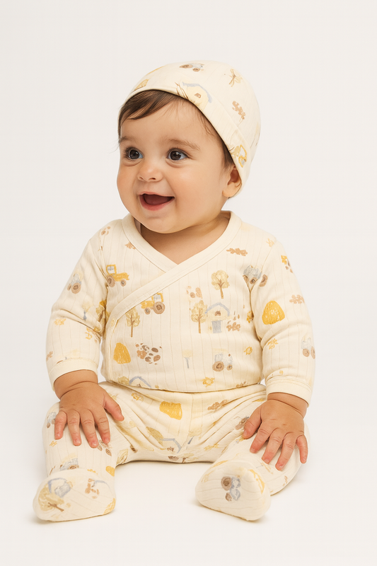 Baby 3-teiliges Set mit Mütze – Baumwolle, Beige mit Bauernhof-Muster