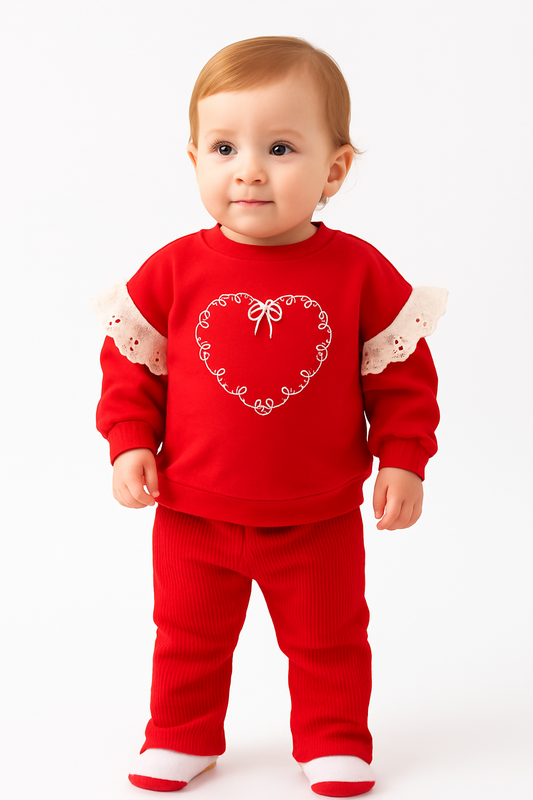 Baby 2-teiliges Set – Rotes Herz-Oberteil mit Spitze & Hose | 100% Baumwolle
