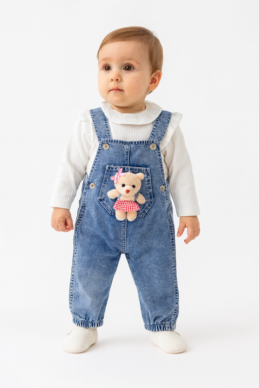 Baby Latzhosen-Set mit Teddybär – Jeansoptik & Langarmshirt (Rosa)