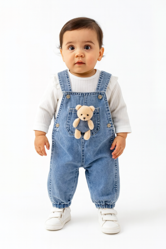 Baby Latzhosen-Set mit Teddybär – Jeansoptik & Langarmshirt