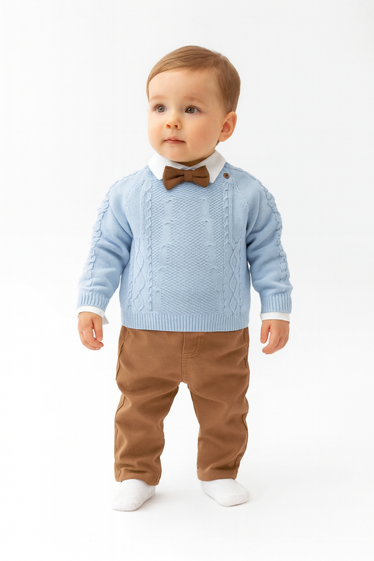 Baby Jungen 4-teiliges Outfit – Hemd mit Strickpullover, Hose & Fliege