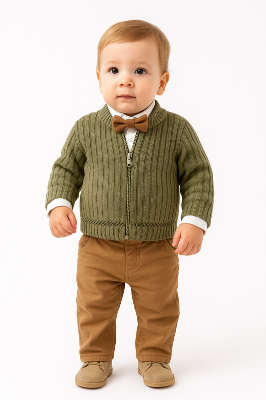 Baby 4-teiliges Set – Hose, Hemd, Strickjacke & Fliege (Premium Qualität)