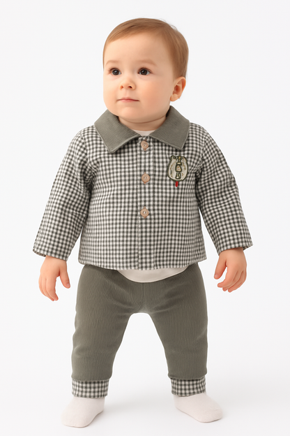 Baby 3-teiliges Outfit – Body, Hose & Hemd-Jacke kariert aus Baumwolle