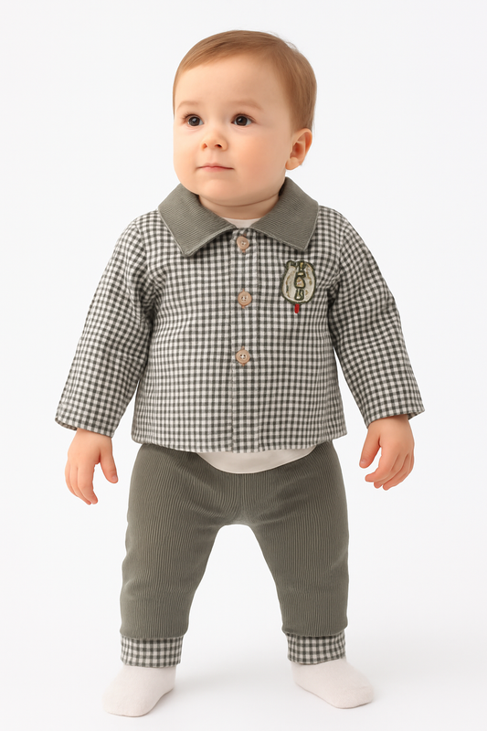 Baby 3-teiliges Outfit – Body, Hose & Hemd-Jacke kariert aus Baumwolle