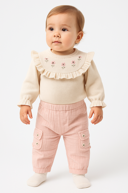 Süßes 2-teiliges Baby Outfit – Langarmshirt mit Rüschen & Hose in Rosa