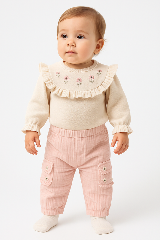 Süßes 2-teiliges Baby Outfit – Langarmshirt mit Rüschen & Hose in Rosa