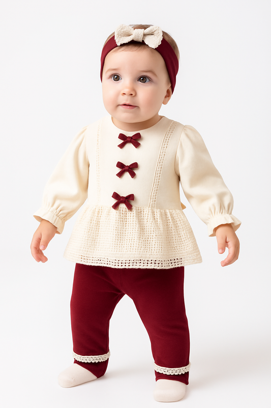 5-teiliges Baby Outfit Set – Langarmshirt, Hose, Stirnband, Handschuhe & Halstuch in Creme/Bordeaux
