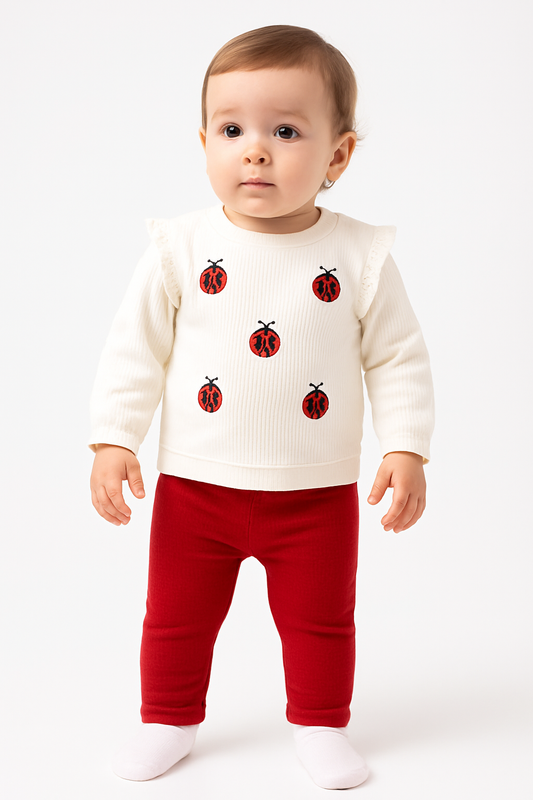 2-teiliges Baby Outfit – Langarmshirt mit Marienkäfer-Motiv & rote Hose