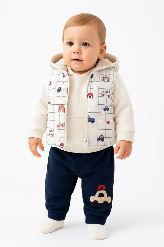3-teiliges Baby Outfit – Hose, Oberteil & gesteppte Kapuzenweste mit Auto-Motiv