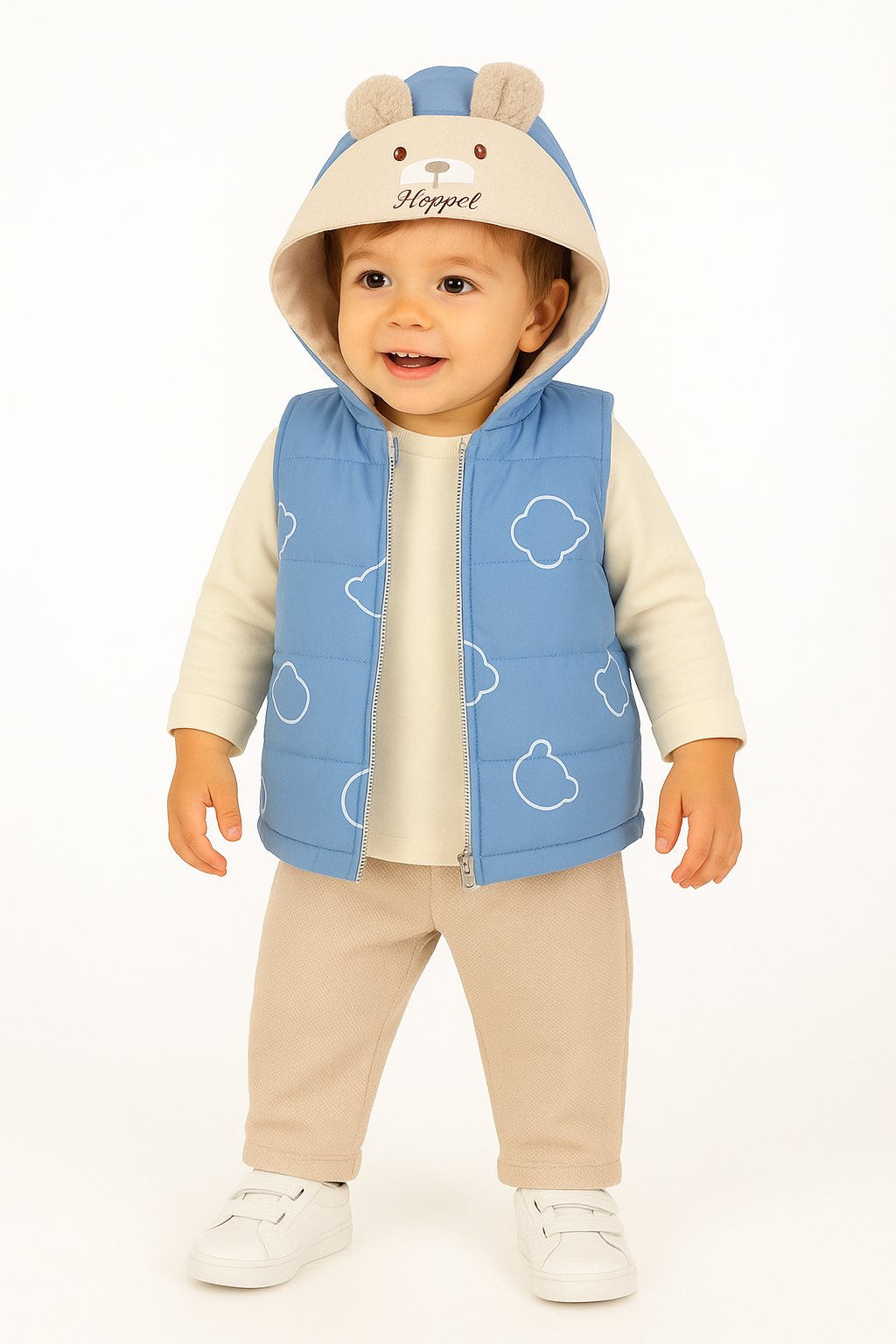 Baby Outfit 3-teilig – Weste mit Bärchenohren, Pullover & Hose Blau/Beige