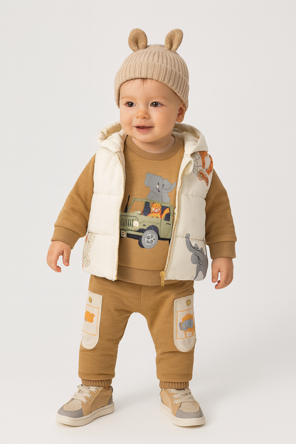 Baby Outfit 3-teilig – Weste mit Tiermotiven, Pullover & Hose Braun/Beige