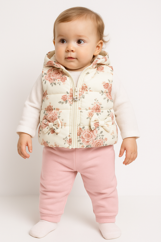 Baby Outfit 3-teilig – Weste mit Blumenmuster, Pullover & Hose Rosa