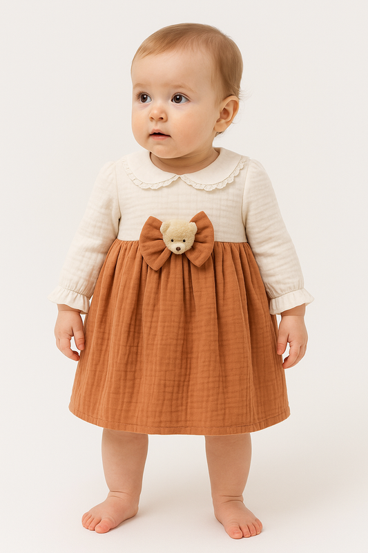 Baby Mädchen Kleid aus Musselin – Mit Schleife & Teddybär-Deko | 100% Baumwolle | 2 Farben