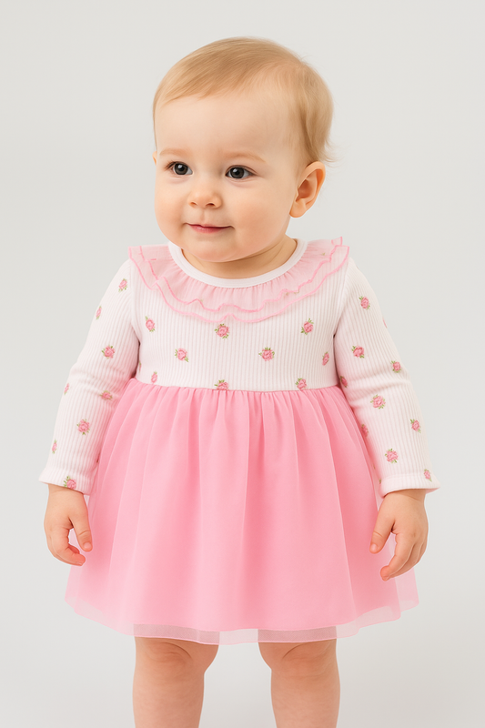 Baby Mädchen Kleid – Langarm mit Tüllrock & Rüschenkragen | Rosa