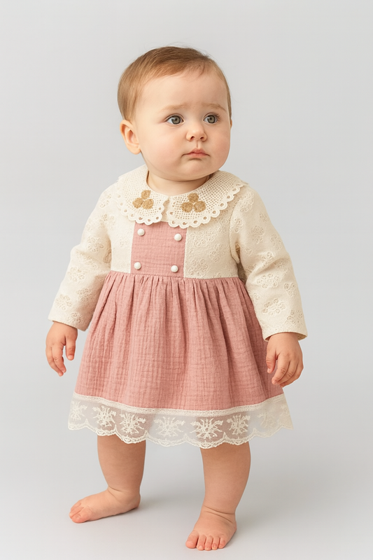 Baby Mädchen Kleid – Langarm mit Spitze & Muselin Rock in Rosa