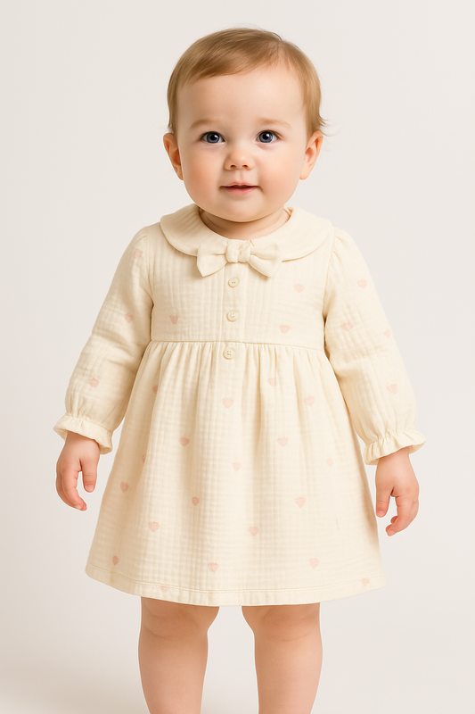 Baby Kleid aus Musselin – Mit Schleife & Herzchen-Muster, Langarm