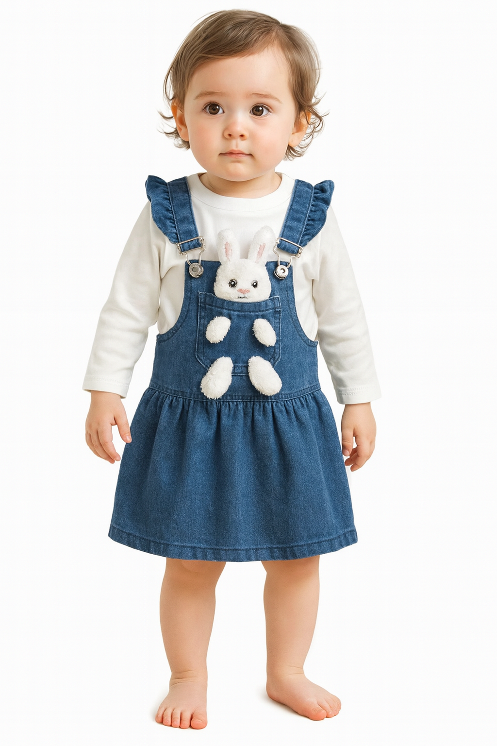 Mädchen 2-teiliges Jeans Outfit – Latzkleid mit Häschen & Baumwollshirt