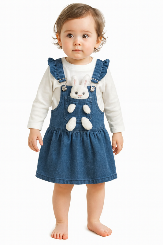 Mädchen 2-teiliges Jeans Outfit – Latzkleid mit Häschen & Baumwollshirt