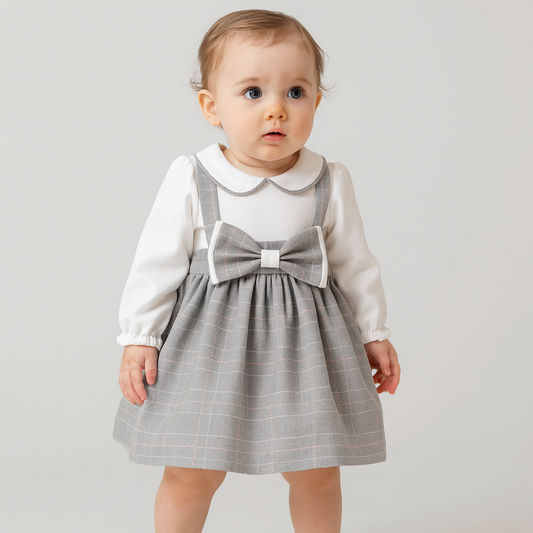 Elegantes Babykleid mit Kragen & großer Schleife – Grau/Weiß