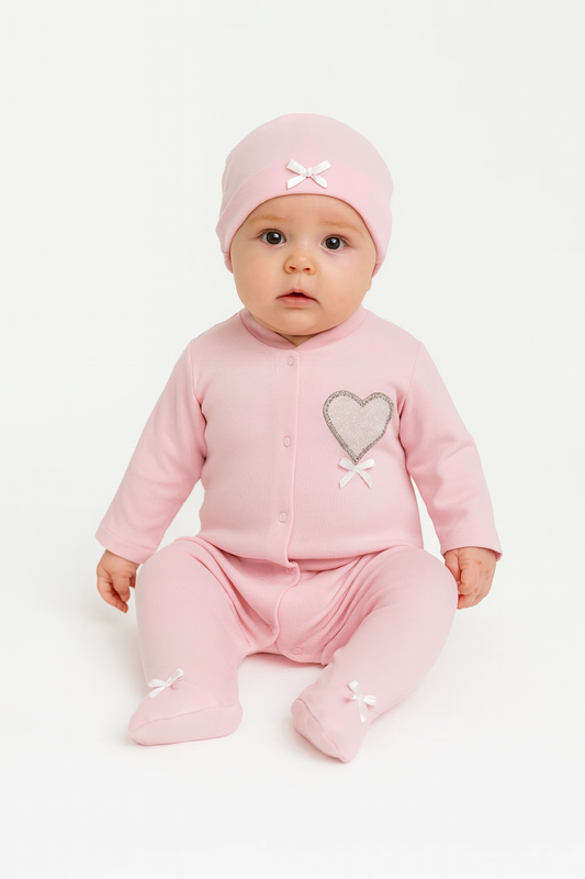 Baby Strampler 2-teilig – Rosa Set mit Herzmotiv & Mütze
