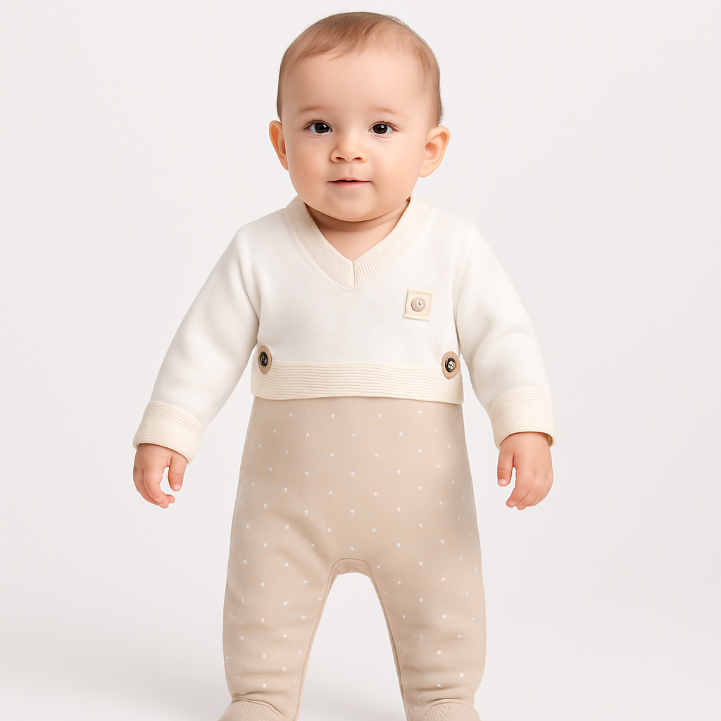 Baby Strampler mit Strickoptik & Pünktchen – Beige/Weiß