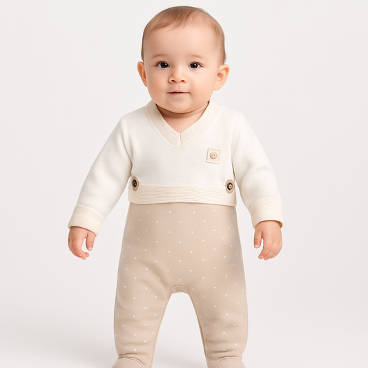 Baby Strampler mit Strickoptik & Pünktchen – Beige/Weiß