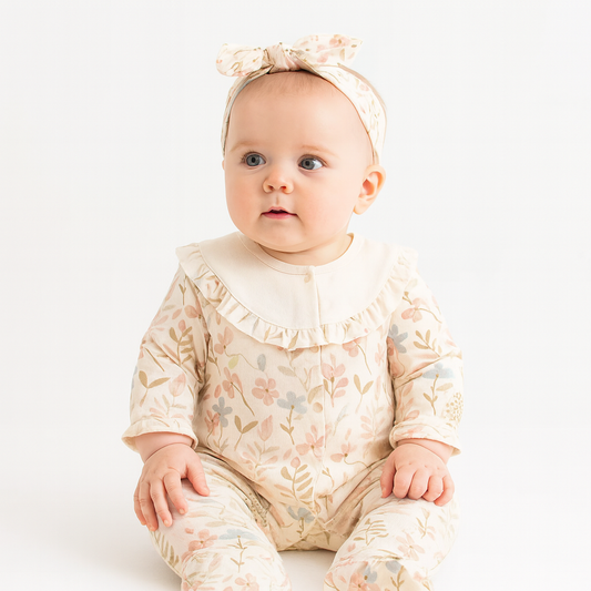 Baby-Strampler mit Stirnband – Langarm aus Baumwolle, Blumenmuster Creme/Rosa