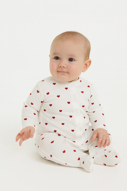 Baby Strampler mit roten Herzen – 100% Baumwolle