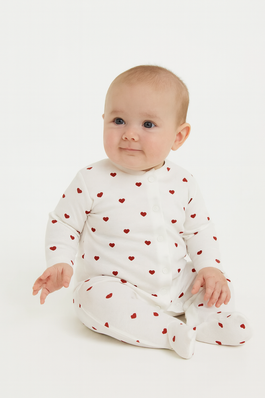 Baby Strampler mit roten Herzen – 100% Baumwolle