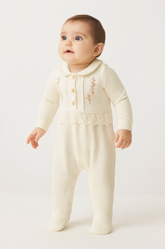 Elegance Strampler – Cremefarbenes Baby Outfit mit Stickerei & Spitze