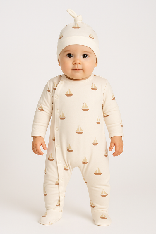 Baby Strampler Set mit Segelboot-Design 100% Baumwolle