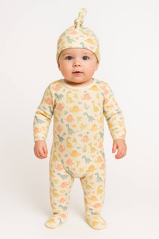 Baby Strampler mit Dino-Motiv & Mütze – Langarm, 100% Baumwolle