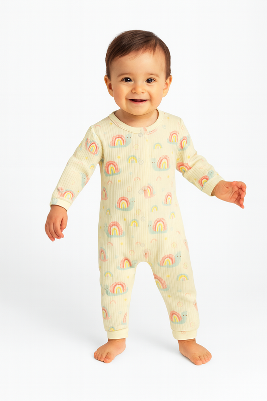 Baby Strampler mit Regenbogen & Schnecken-Motiv – Langarm, 100% Baumwolle