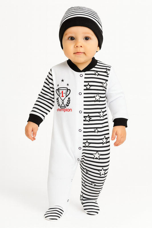 Mini Fan Strampler – Schwarz-Weißes Babyset mit Sternen & Mütze