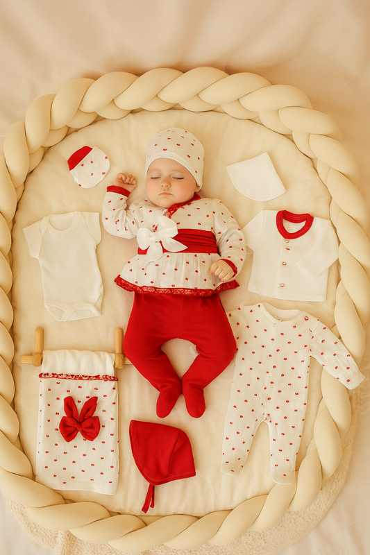 Baby Erstausstattung 10-teilig – Baumwolle Set in Rot/Weiß mit Herzchen