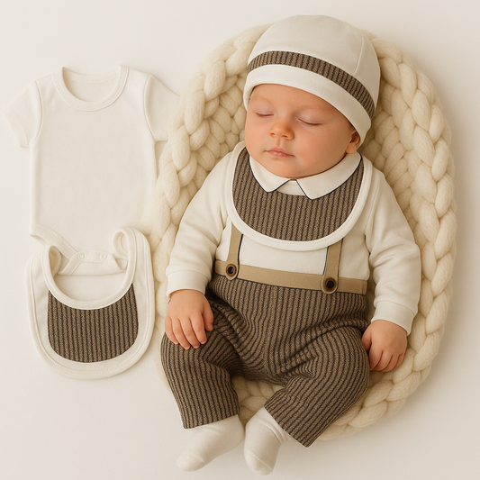 Baby Jungen 7-teiliges Erstlingsset – Elegantes Outfit mit Hosenträger-Look & Accessoires
