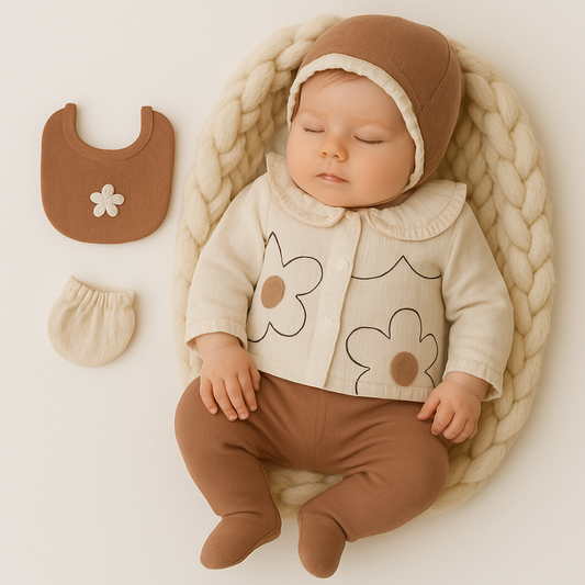 Baby 5-teiliges Erstlingsset aus Musselin – Bluse, Hose, Mütze, Lätzchen & Fäustlinge