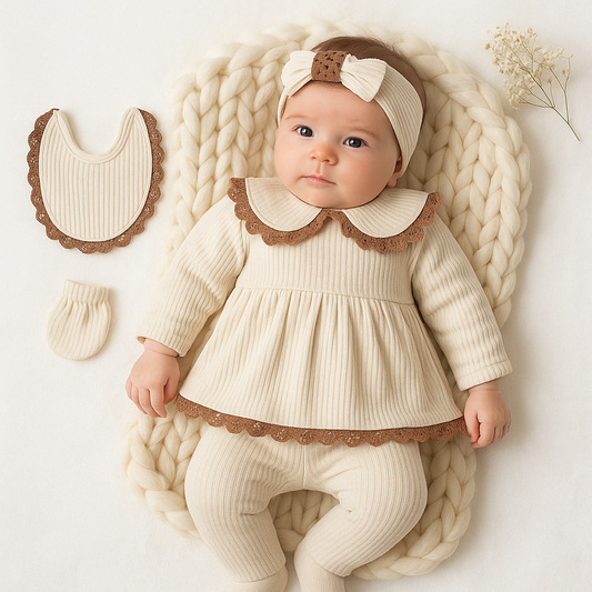 Baby Mädchen 5-teiliges Erstlingsset – Creme mit brauner Spitze | 100% Baumwolle