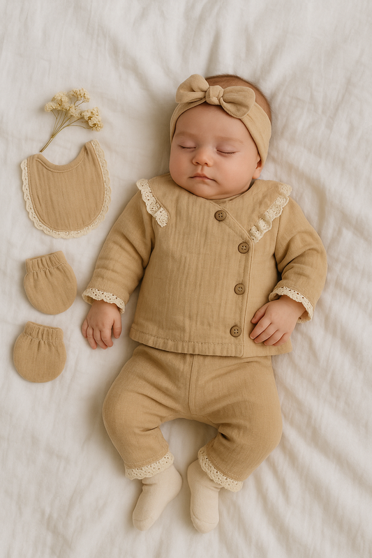 Baby Mädchen 5-teiliges Erstlingsset – Muselin Outfit mit Spitze | 100% Baumwolle