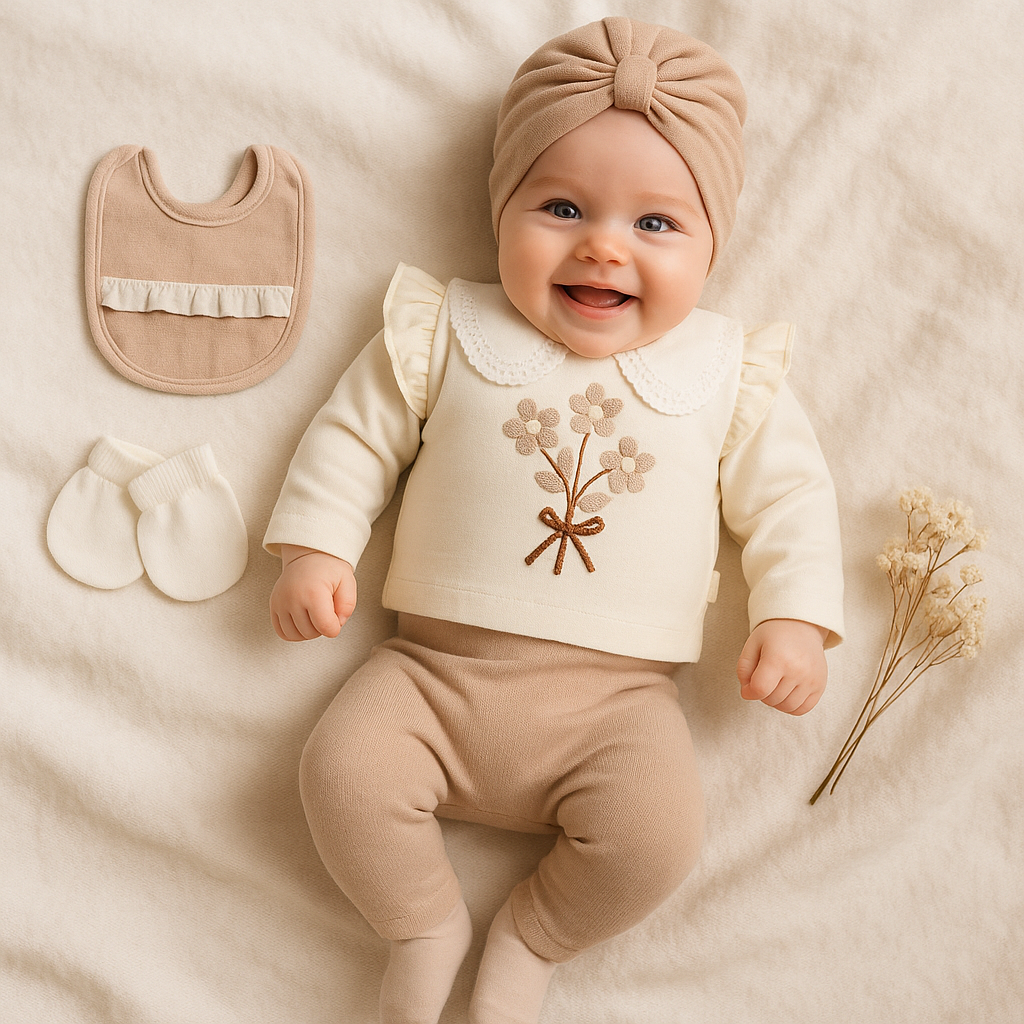 Baby 5-teiliges Erstlingsset – Langarmshirt, Hose, Mütze, Lätzchen & Handschuhe | 100% Baumwolle